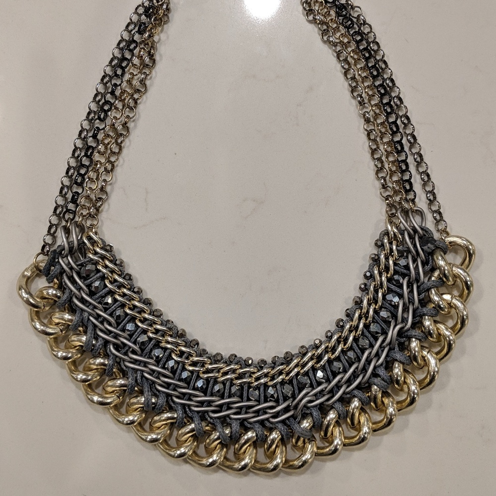 CHICOS Grey and Gold Bib Necklace